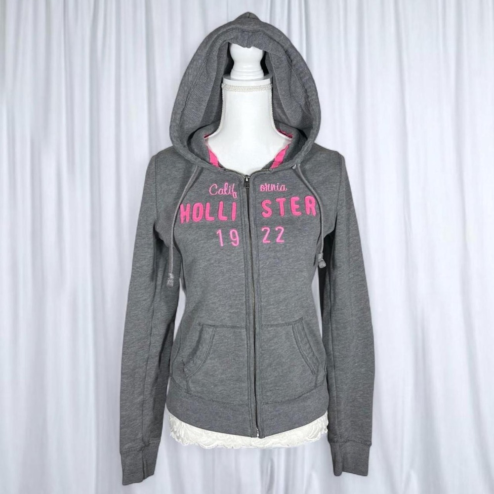 Hollister Grey Pink Logo Zip Up Hoodie Jacket Y2K 2000s
